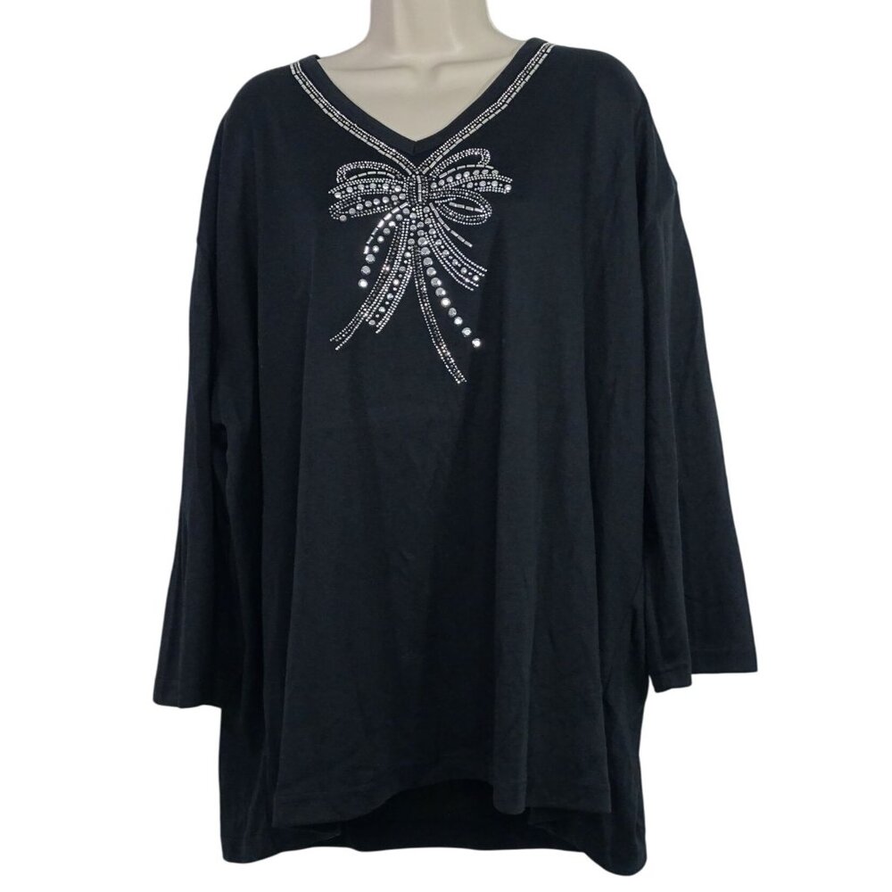 Vintage Get Lucky Black Top Women Size 3XL Rhinestone Studded V-Neck Long Sleeve